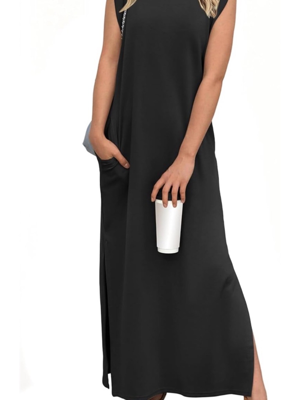 Black Sleeveless Maxi Dress with Side Slits and Pockets Size Small